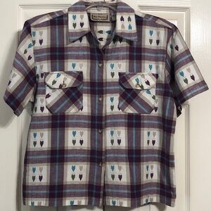 New Directions Purple Plaid Heart Blouse Size Small- Short Sleeve